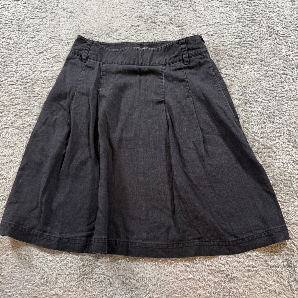 Banana Republic Linen Skirt 0P Black Pleated A-Line Petite Lined Side Zip Flare